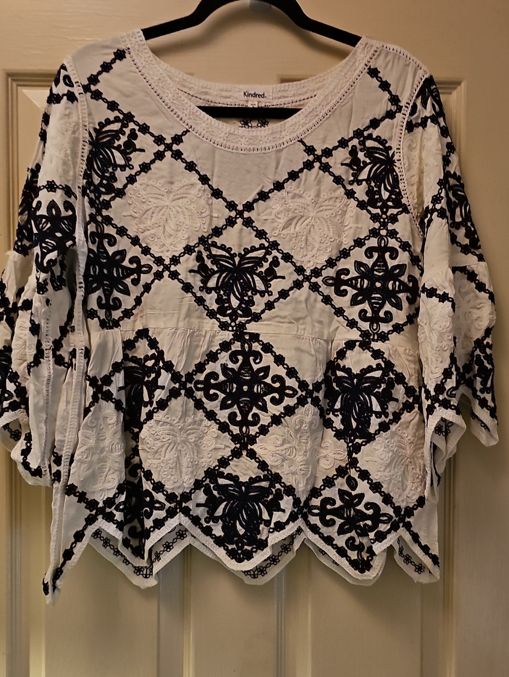 Navy and White Embroidered Scoop Neck Top